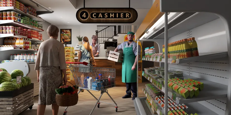 supermarket interior design featuring a cashier area with a customer, showcasing a modern layout and vibrant colors, optimized for retail space using Homestyler's real-time 3D rendering feature.