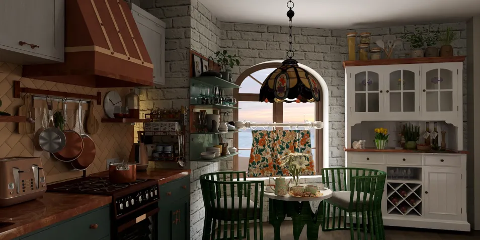 Cozy kitchen design featuring a breakfast nook with ocean view, showcasing a rustic style with vintage decor, utilizing Homestyler's real-time 3D rendering to visualize the layout.