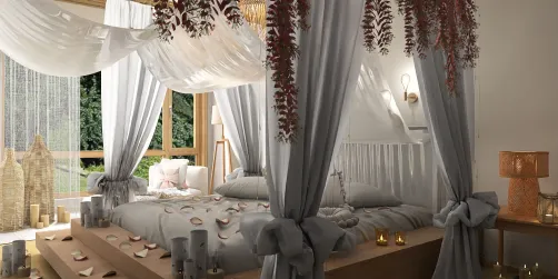 cozy bedroom design featuring a draped canopy over a wooden bed, decorated with floral accents in a modern romantic style, showcasing Homestyler's real-time 3D rendering for quick design proposals.