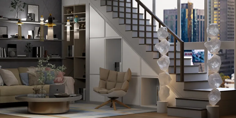 modern living room with cozy seating arrangement and stylish staircase design showcasing smart furniture layout, optimized for small spaces using Homestyler's real-time 3D rendering features
