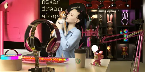 a person interacting with a pet in a vibrant, modern gaming space featuring playful decor and colorful lighting, showcasing Homestyler's realistic 3D rendering capabilities for interior design visualization.