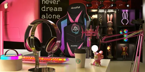 gaming chair with accessories arranged on a vibrant desk, showcasing a modern and playful style, perfect for creating an engaging interior decor atmosphere; highlights Homestyler's real-time 3D rendering feature for immersive design previews.