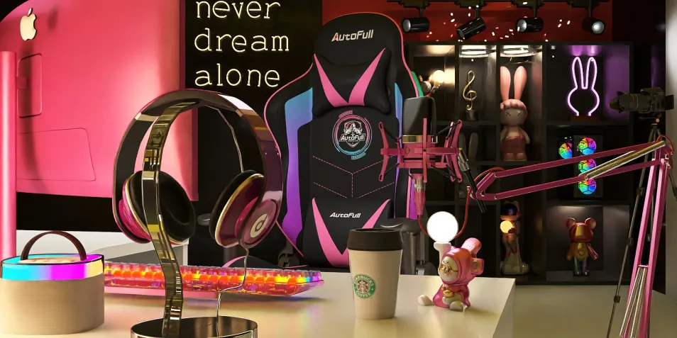 gaming chair with accessories arranged on a vibrant desk, showcasing a modern and playful style, perfect for creating an engaging interior decor atmosphere; highlights Homestyler's real-time 3D rendering feature for immersive design previews.