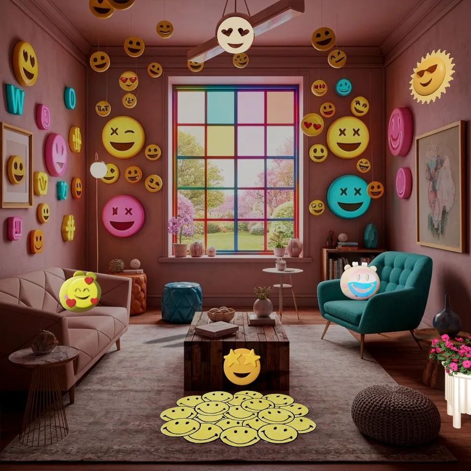 living room with emoji decorations featuring a playful design style creating a cheerful atmosphere, showcasing interior decor ideas using Homestyler's real-time 3D rendering feature.