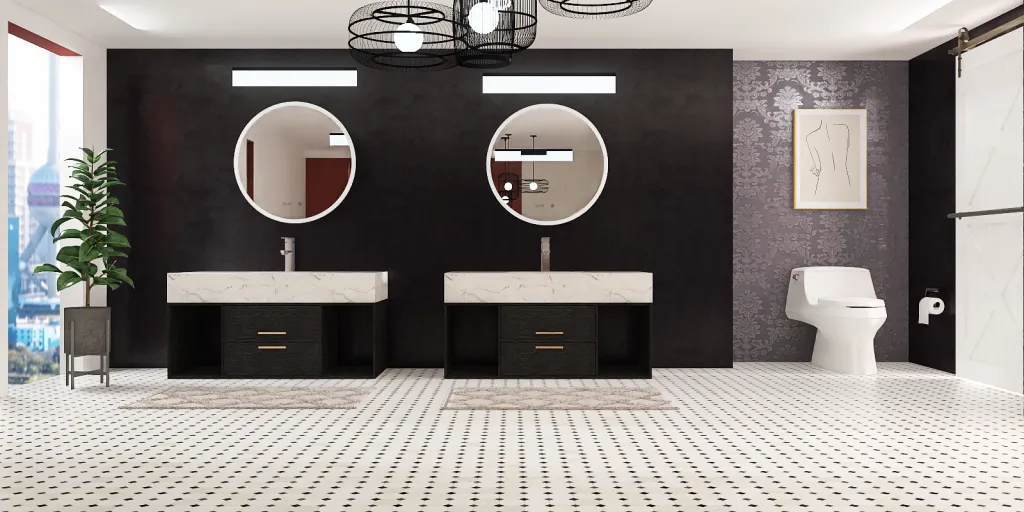 a bathroom with a mirror and a toilet 