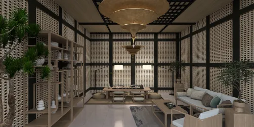 a cozy living room featuring a modern wooden seating arrangement and decorative plants, designed using Homestyler's real-time 3D rendering for an immersive interior experience