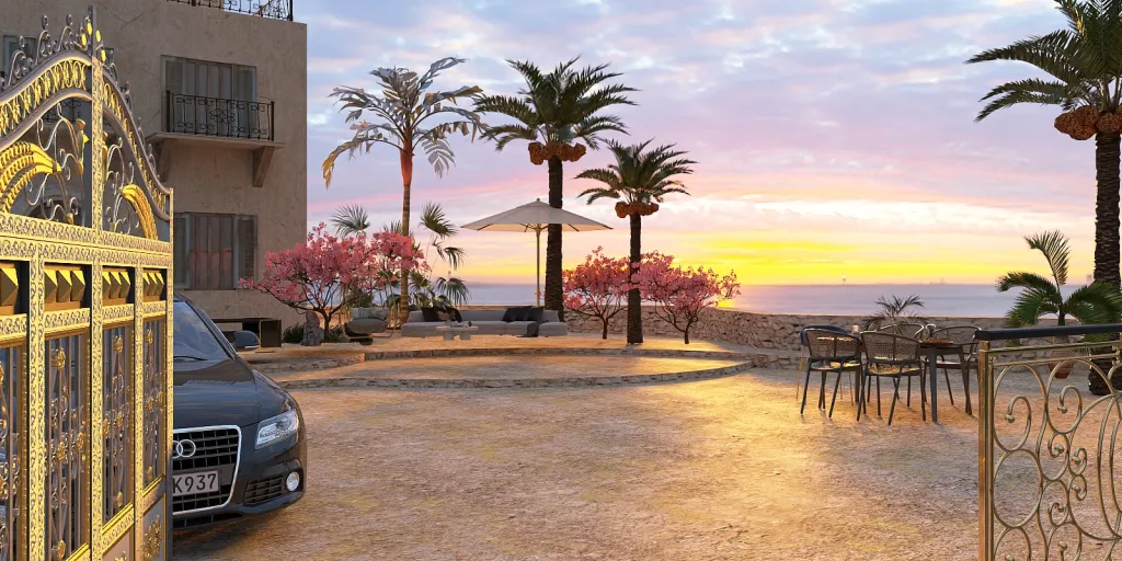 a beach scene with a car parked next to a beach 