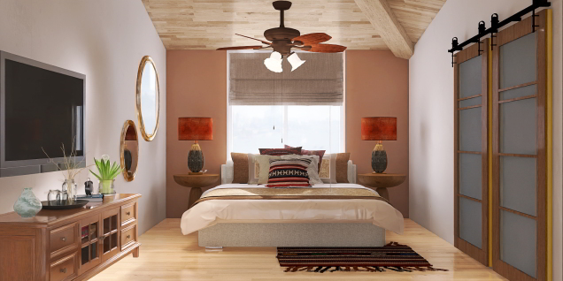 Tan wood and western pattern bedroom 