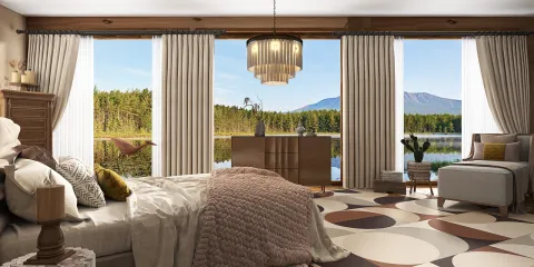 modern bedroom design with a cozy atmosphere featuring layered bedding and a chic chandelier, showcasing an outdoor view of nature, utilizing Homestyler's real-time 3D rendering for effective interior decor visualization.