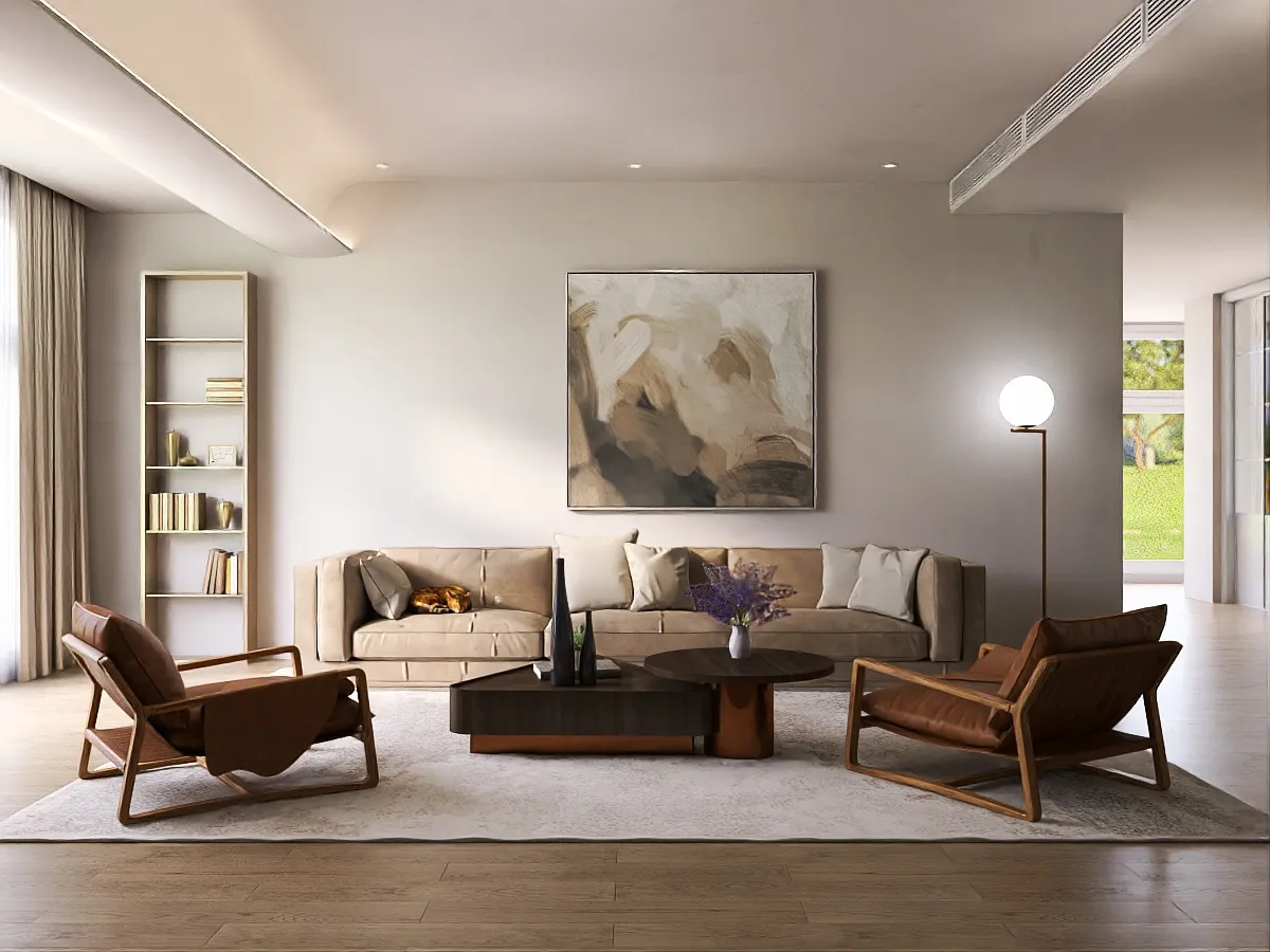 a living room with a couch, chair, table and a painting 