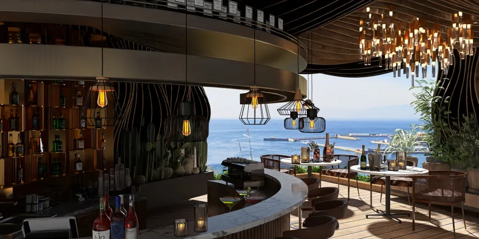luxurious bar interior featuring a curved counter and elegant lighting with ocean view, enhancing the ambiance for social gatherings, utilizing Homestyler's real-time 3D rendering.
