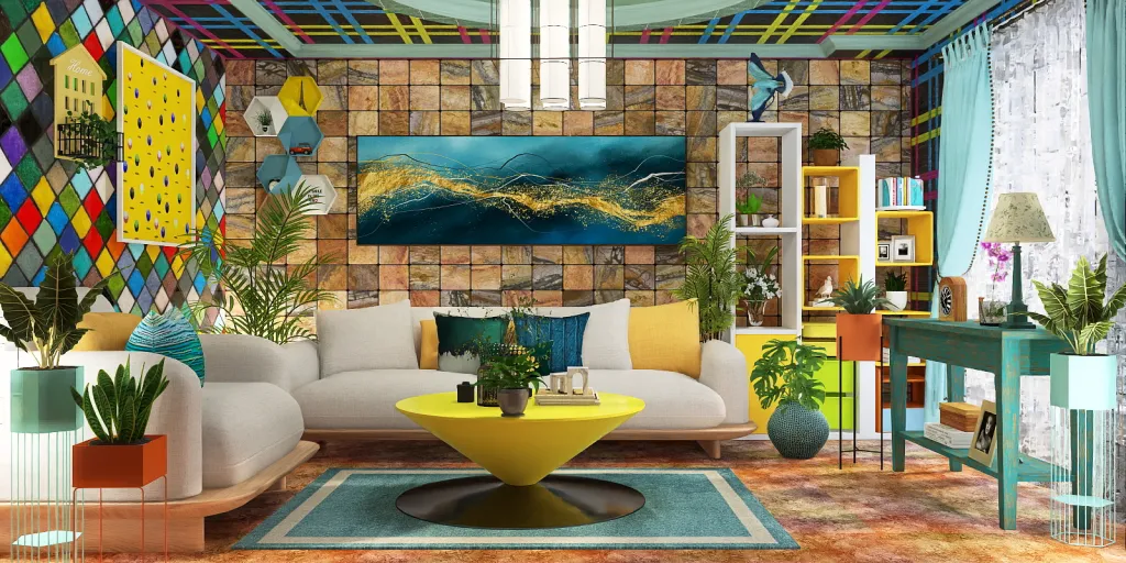 a living room with a large painting of a flower arrangement 