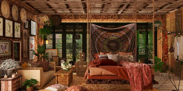 bohemian bedroom design showcasing a cozy bed and natural elements for a warm atmosphere with Homestyler's real-time 3D rendering feature