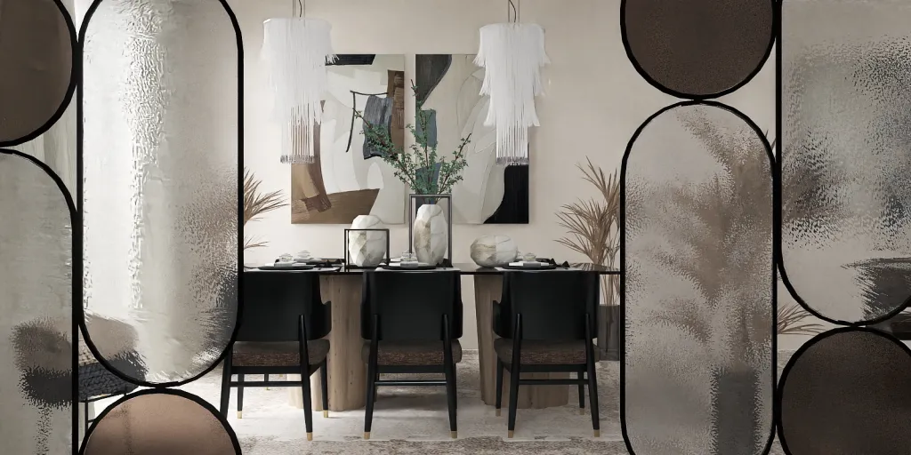 a dining room table with a mirror and a mirror 
