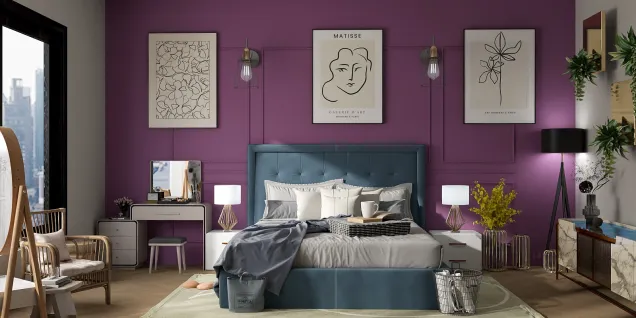 purple wall, neutral colour 
