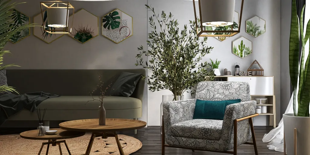 a living room with a couch, chair, and a plant 