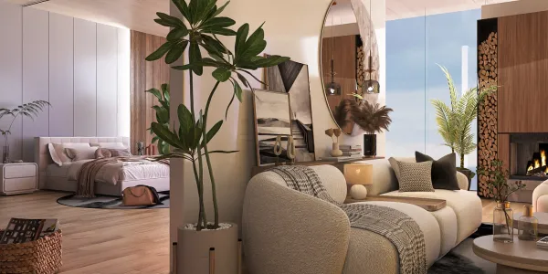 Contemporary living room featuring a cozy sofa and decorative plants, showcasing an open layout design style that enhances spatial value; utilizing Homestyler's real-time 3D rendering for an accurate interior decor visualization.