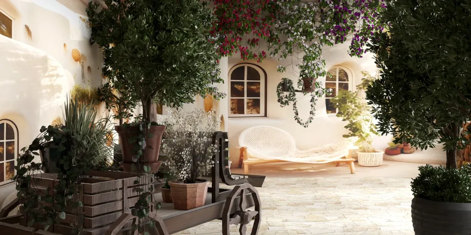 outdoor garden area with lush greenery and decorative plants showcasing a cozy seating arrangement in a Mediterranean style, highlighting the use of Homestyler's smart furniture arrangement feature.