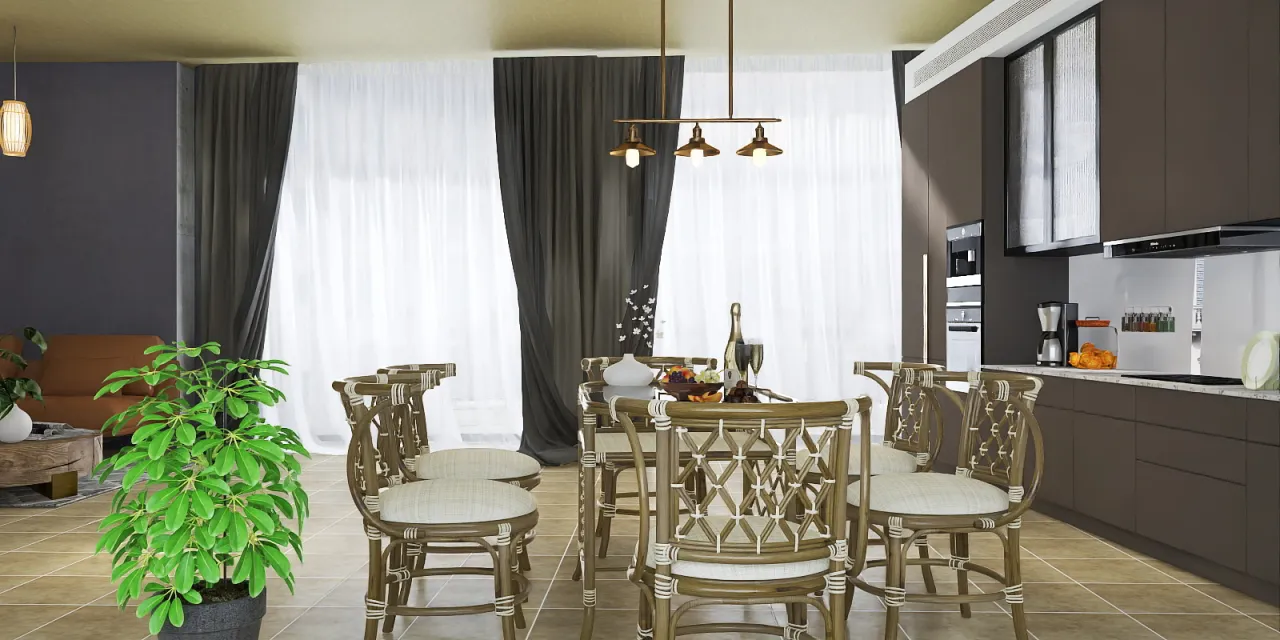 a dining room table with chairs and a table with a microwave 