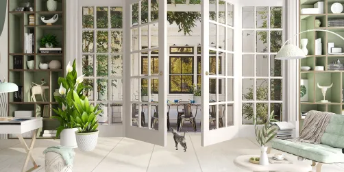 A spacious living room featuring large glass doors opening to an outdoor area, showcasing a blend of indoor plants and modern furniture. This interior design incorporates lively natural light and a fresh color palette, enhancing the open space for interactive remote collaboration using Homestyler's real-time 3D rendering feature.