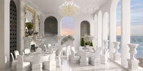 elegant dining area featuring round tables and white decor with an opulent chandelier, showcasing a luxurious style and enhancing the space's value using Homestyler's real-time 3D rendering feature