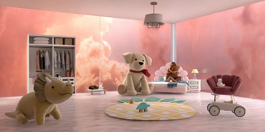 a large stuffed bear is on a table 