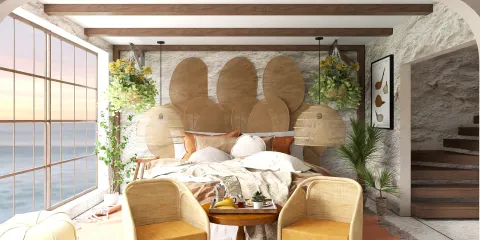 Cozy bedroom design featuring a natural stone wall and wooden beams, integrating indoor plants and soft textiles for a beach-style ambiance; showcasing Homestyler's real-time 3D rendering feature.