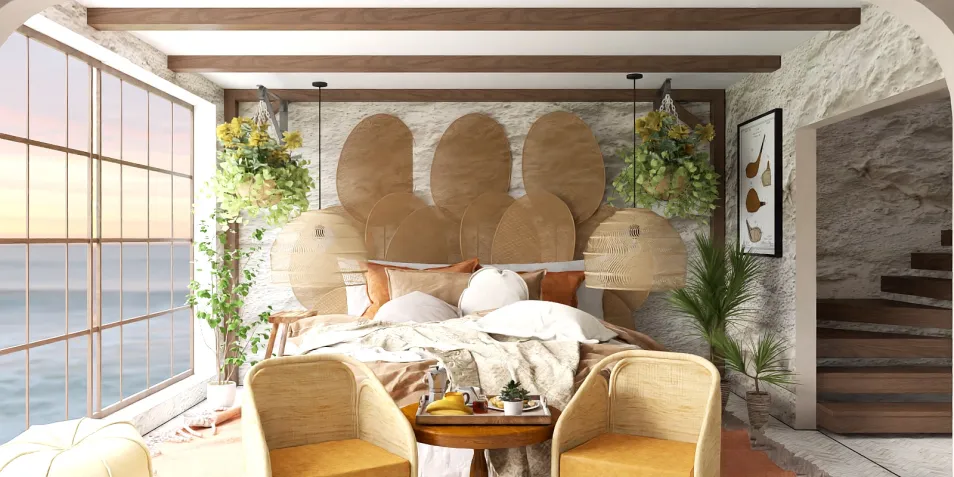 Cozy bedroom design featuring a natural stone wall and wooden beams, integrating indoor plants and soft textiles for a beach-style ambiance; showcasing Homestyler's real-time 3D rendering feature.