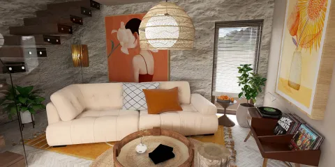 cozy living room with a beige sofa and decorative art pieces featuring a warm color palette; showcasing a modern interior design style with a focus on comfort and aesthetics, utilizing Homestyler's real-time 3D rendering feature.