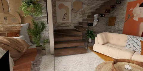 cozy living room with a modern sofa and a decorative woven lamp, featuring a stylish staircase design, showcasing a contemporary interior decor style; utilizing Homestyler's 3D rendering feature for realistic visualization.