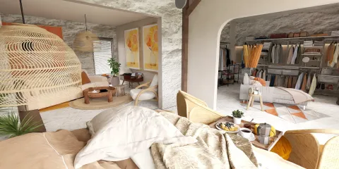 Cozy bedroom with a wooden bed and decorative elements, creating an inviting atmosphere in a modern design style that promotes relaxation in interior decor; featuring Homestyler's real-time 3D rendering for quick design previews.