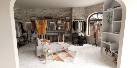 A stylish walk-in closet featuring organized clothing racks and a cozy seating area, designed with modern aesthetics, offering tailored storage solutions; showcasing Homestyler's real-time 3D rendering capabilities.
