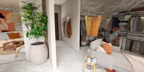 cozy living room with integrated closet and natural plant arrangement showcasing a modern minimalist style, featuring interior decor ideas for small spaces using Homestyler's real-time 3D rendering functionality.