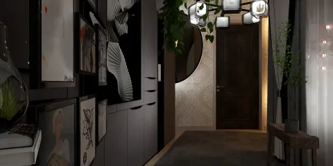 interior hallway design featuring a modern decor style with artistic wall hangings and a stylish lighting fixture, optimized for space utilization using Homestyler's real-time 3D rendering feature.