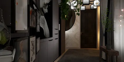 A stylish hallway with contemporary wall art and a modern light fixture illuminating the space, showcasing interior design using Homestyler's real-time 3D rendering feature for an aesthetically pleasing entrance.