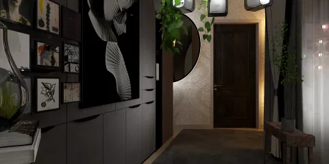 Modern hallway interior design featuring a sleek cabinet arrangement and captivating wall art, showcasing smart furniture layout for optimal space utilization using Homestyler's advanced 3D rendering capabilities.