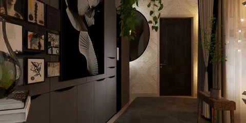 modern hallway design featuring dark cabinetry and artistic wall decor in a sleek style that enhances space functionality, showcasing Homestyler's real-time 3D rendering feature.