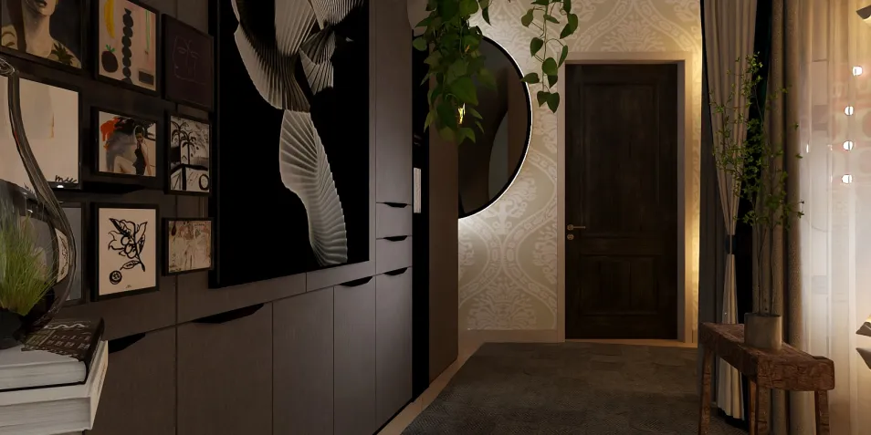 modern hallway design featuring dark cabinetry and artistic wall decor in a sleek style that enhances space functionality, showcasing Homestyler's real-time 3D rendering feature.