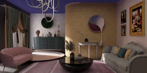 Modern living room design featuring a stylish sofa and elegant armchairs, showcasing a blend of velvet and floral textures, optimized for space with smart furniture placement using Homestyler's real-time 3D rendering.