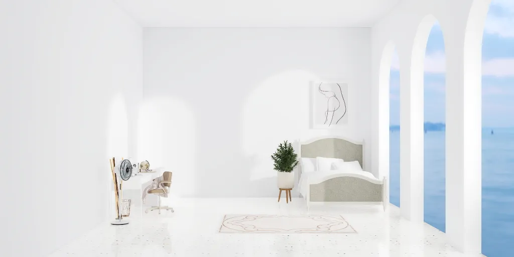 a living room with a white couch and a white table 