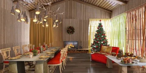dining room with rustic decor featuring a long table set for a meal, decorated for the holidays with a Christmas tree, using Homestyler's real-time 3D rendering for quick design visualization.