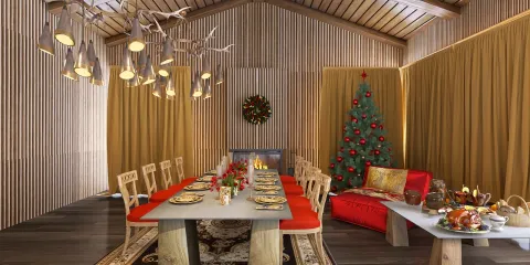 cozy dining area with festive decorations setting up a holiday dinner in a rustic style featuring Homestyler's real-time 3D rendering