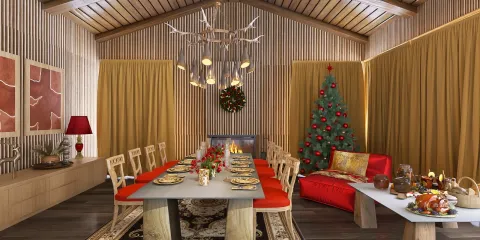 modern dining room design featuring a festive holiday table setting with a Christmas tree; showcasing cozy rustic style and inviting atmosphere; ideal for interior decor enthusiasts using Homestyler's real-time 3D rendering feature.