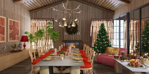 dining room featuring a long table decorated for Christmas celebrations with a rustic style, showcasing a blend of modern and traditional interior decor, utilizing Homestyler's real-time 3D rendering for immersive design previews.