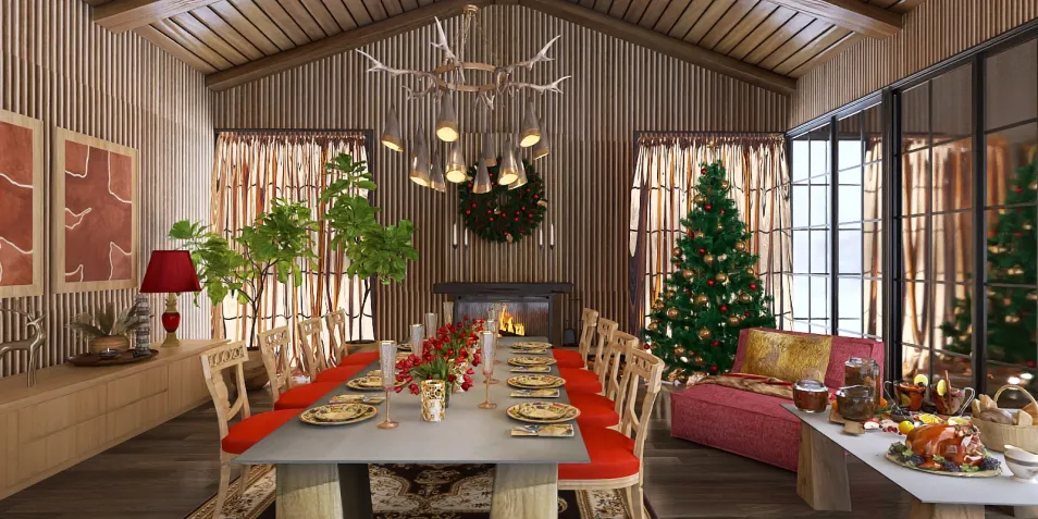 dining room featuring a long table decorated for Christmas celebrations with a rustic style, showcasing a blend of modern and traditional interior decor, utilizing Homestyler's real-time 3D rendering for immersive design previews.