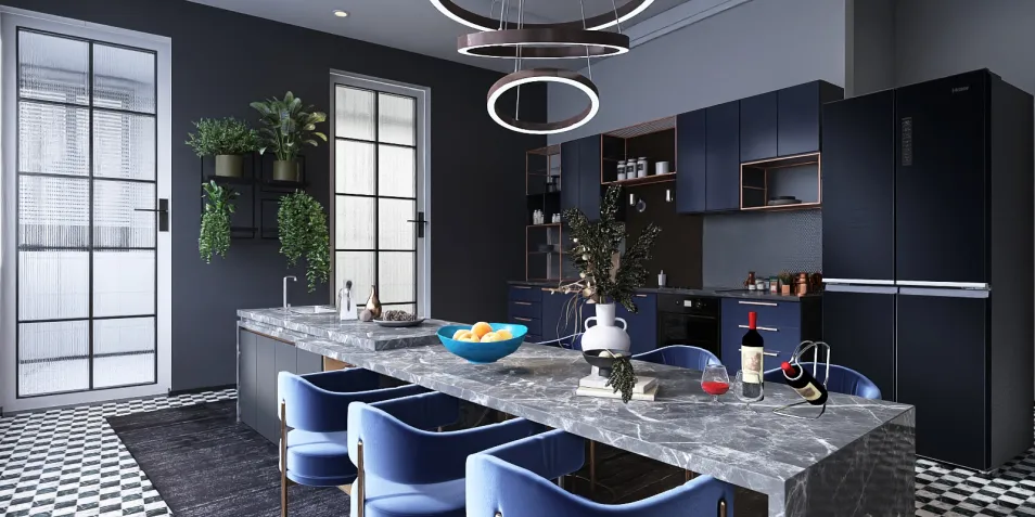 Modern kitchen interior featuring a stylish island with marble countertop, designed for efficient space utilization, showcasing Homestyler's real-time 3D rendering for quick design previews.