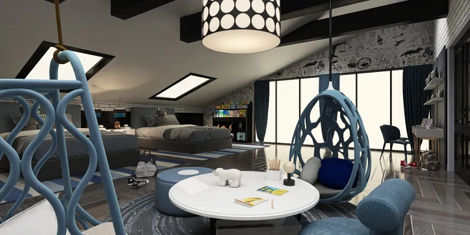 A modern bedroom featuring a cozy hanging chair, stylish furniture arrangement, and playful decor. The room utilizes Homestyler's real-time 3D rendering for an immersive design preview.