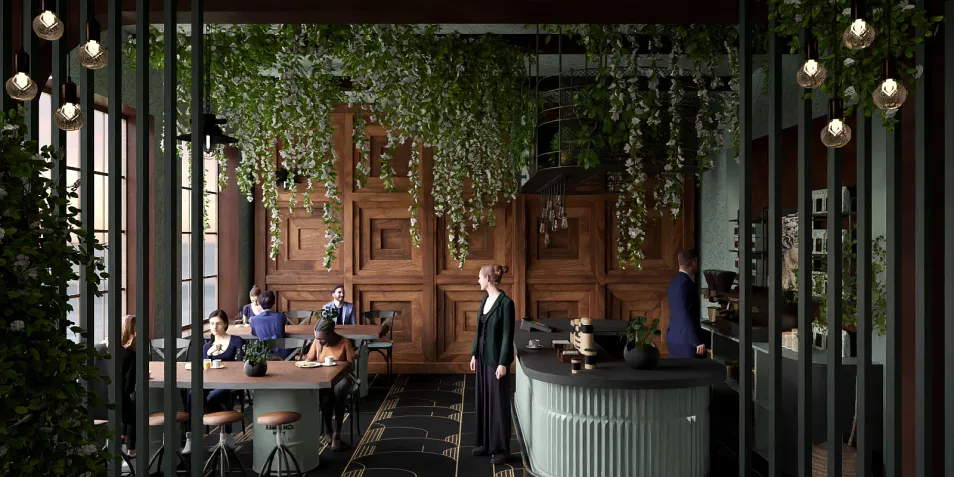 modern cafe interior featuring lush greenery and wooden accents, showcasing immersive 3D rendering for detailed design preview, optimized for ambiance and customer experience using Homestyler's real-time 3D rendering feature.