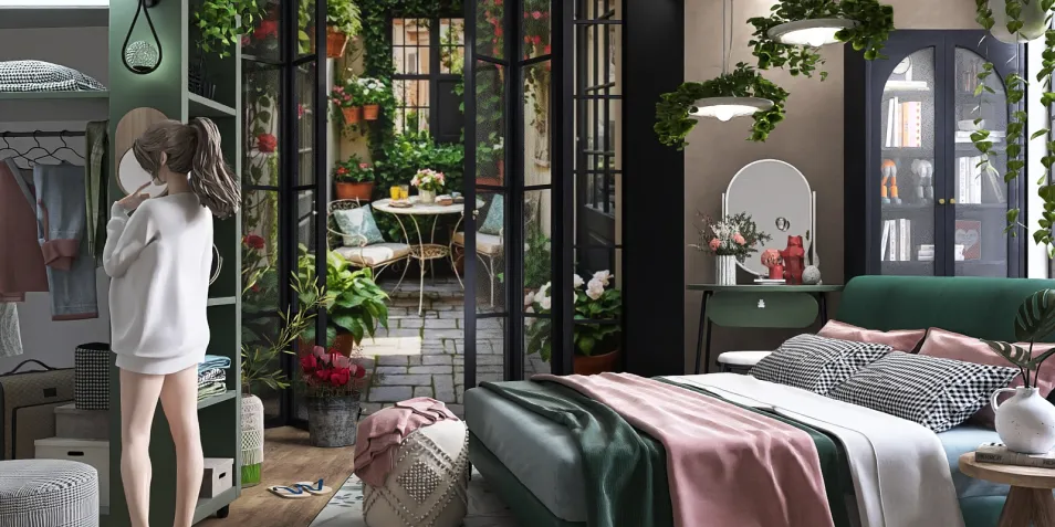 woman dressing in a stylish bedroom with greenery views, showcasing modern interior decor, featuring Homestyler's real-time 3D rendering for design previews.