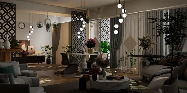 modern living room with stylish furniture arrangement featuring indoor plants, showcasing a blend of contemporary aesthetics and functional space value using Homestyler's real-time 3D rendering capabilities.